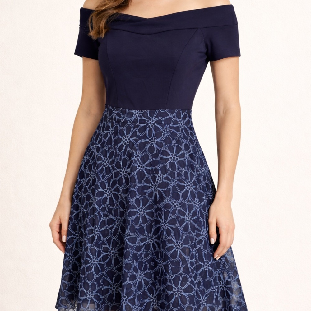 Miusol Navy Floral Off Shoulder A Line Midi Dress Medium